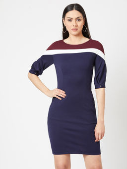 Miss Chase - Women's Multicolor-Base Navy Blue Round Neck 3/4Th Sleeves Solid Bodycon Mini Dress