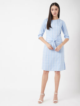 Miss Chase - Light Blue Tie-Up Knee Length Shift Dress
