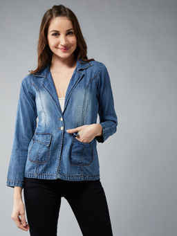 Miss Chase - Women's Blue V-Neck Full Sleeve Denim Solid Regular Length Blazer Dress