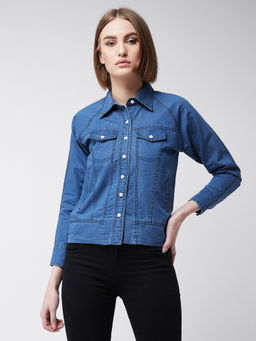 Miss Chase - Women's Blue Collared Polo Neck Full Sleeve Buttoned Denim Jacket