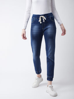 Miss Chase - Women's Navy Blue Relaxed Mid Rise Scraped Denim Stretchable Jogger Pants