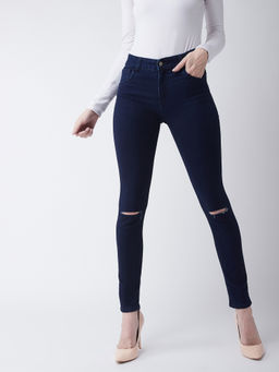 Miss Chase - Navy Blue High Rise Knee Slit Jeans