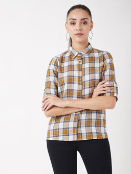 Miss Chase - Women's Multicolor-Base White Collared Neck Checkered Basic Shirt