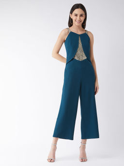 Miss Chase - Women's Teal V-neck Sleeveless Solid Embellished Regular Jumpsuit
