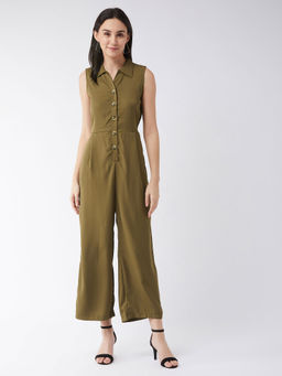 Miss Chase - Women Olive Green Solid Regular Length V-neck Sleeveless Front Pleat Wide Leg Jumpsuit