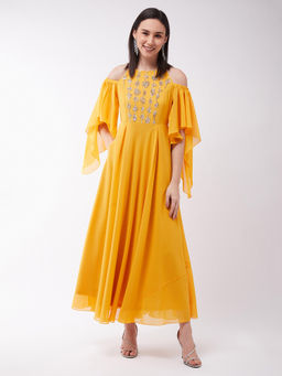Miss Chase - Women's Mustard Solid Relaxed Fit Round Neck Maxi Party Dress