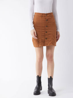 Miss Chase - Women Rust Cotton Slim Fit Relaxed High Rise Mini Denim Skirt