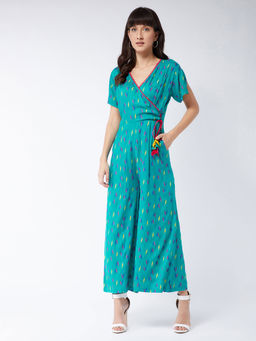 Miss Chase - Women Green Tribal Self-printed Relaxed Fit Half Sleeve V-neck Ankle-length Jumpsuit