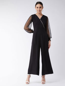 Miss Chase - Women Black Solid Relaxed Fit Long Sleeve V-neck Ankle-length Straight Jumpsuit