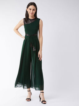 Miss Chase - Women's Green Relaxed Fit Round Neck All That Glitter Party Jumpsuit