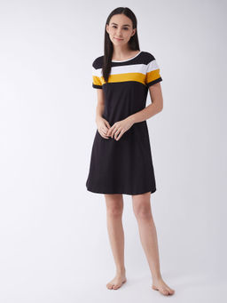 Miss Chase - Women Black Solid Round Neck Short Sleeves Knee Length Dress