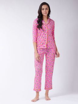 Miss Chase - Women's Pink Printed Cotton Relaxed Fit Collared 3/4th Sleeve Length Night Suit Set