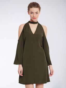 Miss Chase - Women's Olive V-neck Three-Fourth Sleeve Solid Mini Choker Dress