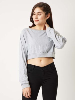 Buy Miss Chase Women's Grey Round Neck Full Sleeve Cotton Pearl