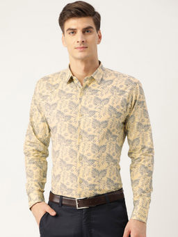 SOJANYA - Mens Cotton Beige & Mid Grey Printed Formal Shirt