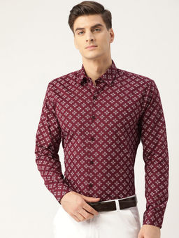 SOJANYA - Mens Cotton Maroon & White Printed Formal Shirt
