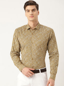 SOJANYA - Mens Cotton Metallic Gold & White Printed Formal Shirt