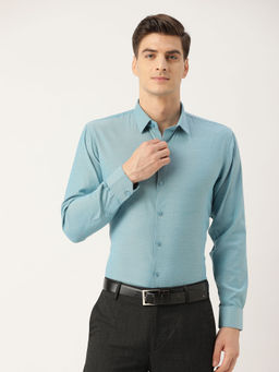 SOJANYA - Men Cotton Teal Blue Self Design Classic Formal Shirt