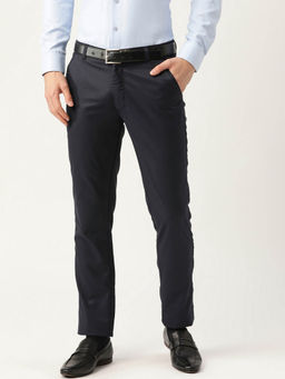 SOJANYA - Men Cotton Blend Dark Navy Blue Solid Formal Trousers