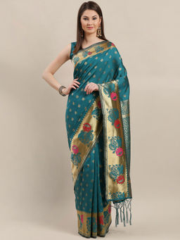 Sareemall - Teal Festive Dhapa Silk Madhubani Print Saree With Unstitched Blouse