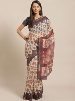 Sareemall - Beige Printed Saree Unstitched Blouse