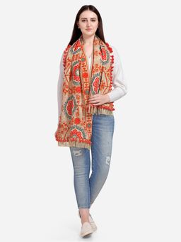 Mesmora - Beige Woollen Embroidered Khadi Muffler With African Motifs