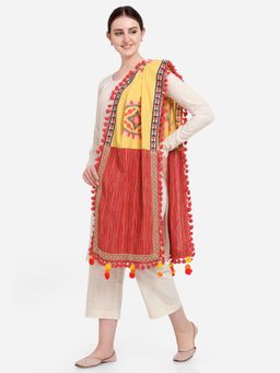 Mesmora - Lemon Yellow Circle Embroidered Lining Panel Linen Festive Dupatta