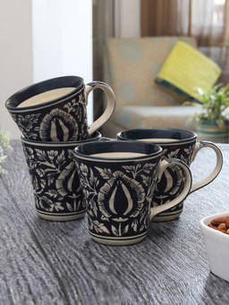 Miah Decor - Handpainted Mughal Design Ceramic Milk Mug - Eco Friendly Drinkware -set Of 4
