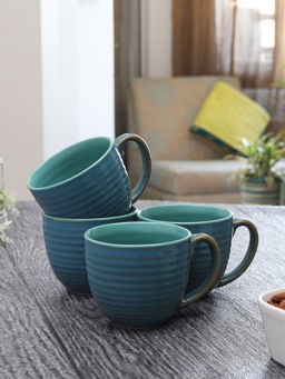 Miah Decor - Studio Pottery Ceramic Glazed Coffee Mugs Cum Serving Tea Cups Set,set Of 4, Teal Blue