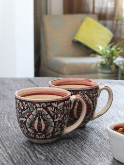Miah Decor - Handpainted Mughal Design Glazed Coffee Mugs Cum Serving Tea Cups Set, Set Of 2, Pink