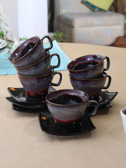 Miah Decor - Crimson Red & Black Hand Glazed Studio Pottery Ceramic Tea Cups & Saucers Set (set Of 6)