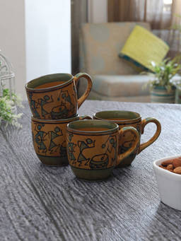Miah Decor - Warli Hand-painted Ceramic Coffee Mugs Cum Serving Chai Tea Cups Set Of 4(sand Yellow)