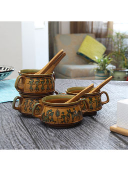 Miah Decor - Warli Hand-painted Ceramic Soup Bowls /cups Set (set Of 6, Sand Yellow)