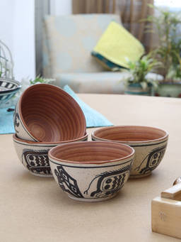 Miah Decor - Red Indian Art Snack Bowl -set Of 4-Cream