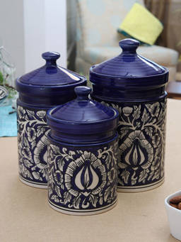 Miah Decor - Handpainted Mughal Art Storage Jar-set Of 3