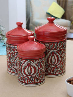 Miah Decor - Handpainted Mughal Art Storage Jar-set Of 3
