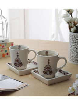 Miah Decor - Handmade Buti Decal Ceramic Mug & Platter- Set Of 4
