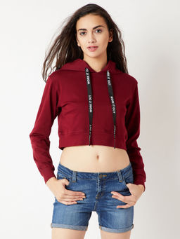 Miss Chase - Women's Maroon Round Neck Hooded Boxy Graphic Twill Tape Crop Sweatshirt