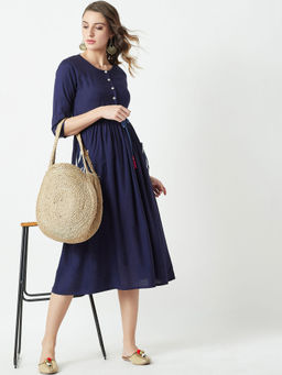 Miss Chase - Women's Navy Blue Round Neck 3/4 Sleeve Belted Solid Gathered Midi Dress