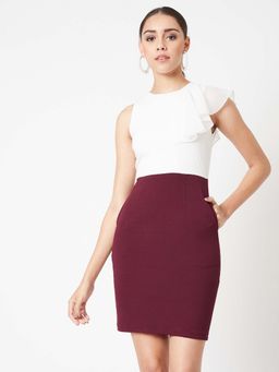 Miss Chase - Women's White & Wine Red Round Neck Sleeveless Solid Bodycon Mini Dress