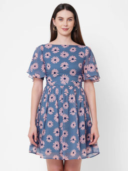 MISH - Floral Printed Boat Neck Style Fit And Flare Dress At Nykaa Fashion - Your Online Shopping Store