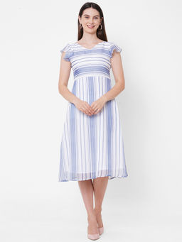 MISH - Striped Printed Flutter Sleeve Style Calf Length Dress At Nykaa Fashion - Your Online Shopping Store