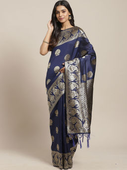 Sareemall - Navy Blue Silk Blend Saree With Unstitched Blouse