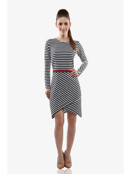 Miss Chase - Women'S Black and White Round Neck Full Sleeves Stripe Dress