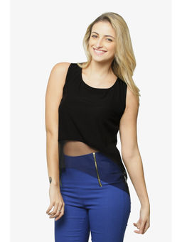 Miss Chase - Women'S Black Round Neck Sleeveless Half Net Basic Top