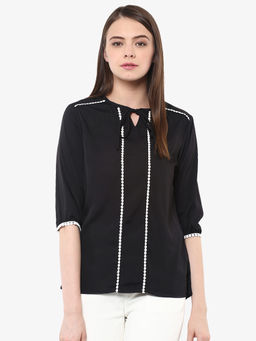 Miss Chase - Women's Black 3/4 Sleeve Round Neck Laced Solid Top