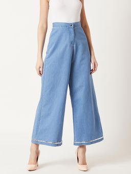 Miss Chase - Women'S Blue Wide Leg High Rise Silver Lace Detailing Stretchable Denim Pants