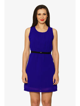 Miss Chase - Women'S Navy Blue Round Neck Sleeveless Belted Dress