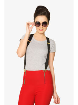 Miss Chase - Women'S Grey Round Neck Short Sleeves Solid Basic Top