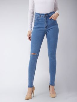 Miss Chase - Women's Blue Skinny High-Rise Distressed Regular Denim Jeans